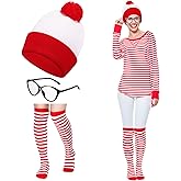 Sintege 3 Pcs Halloween Red and White Striped Costume Set Include Striped Hat Thigh High Socks and Glasses for Halloween Christmas Party Cosplay Costume Props for Men Women