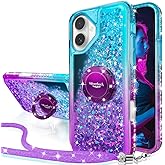 Silverback for iPhone 16 Case, Moving Liquid Holographic Sparkle Glitter Case with Kickstand, Girls Women Bling Diamond Ring Protective Case for iPhone 16 - Purple