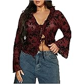 WDIRARA Women's Plus Size Floral Lace Sheer T Shirt Tie Front Long Bell Sleeve Tee Going Out Tops