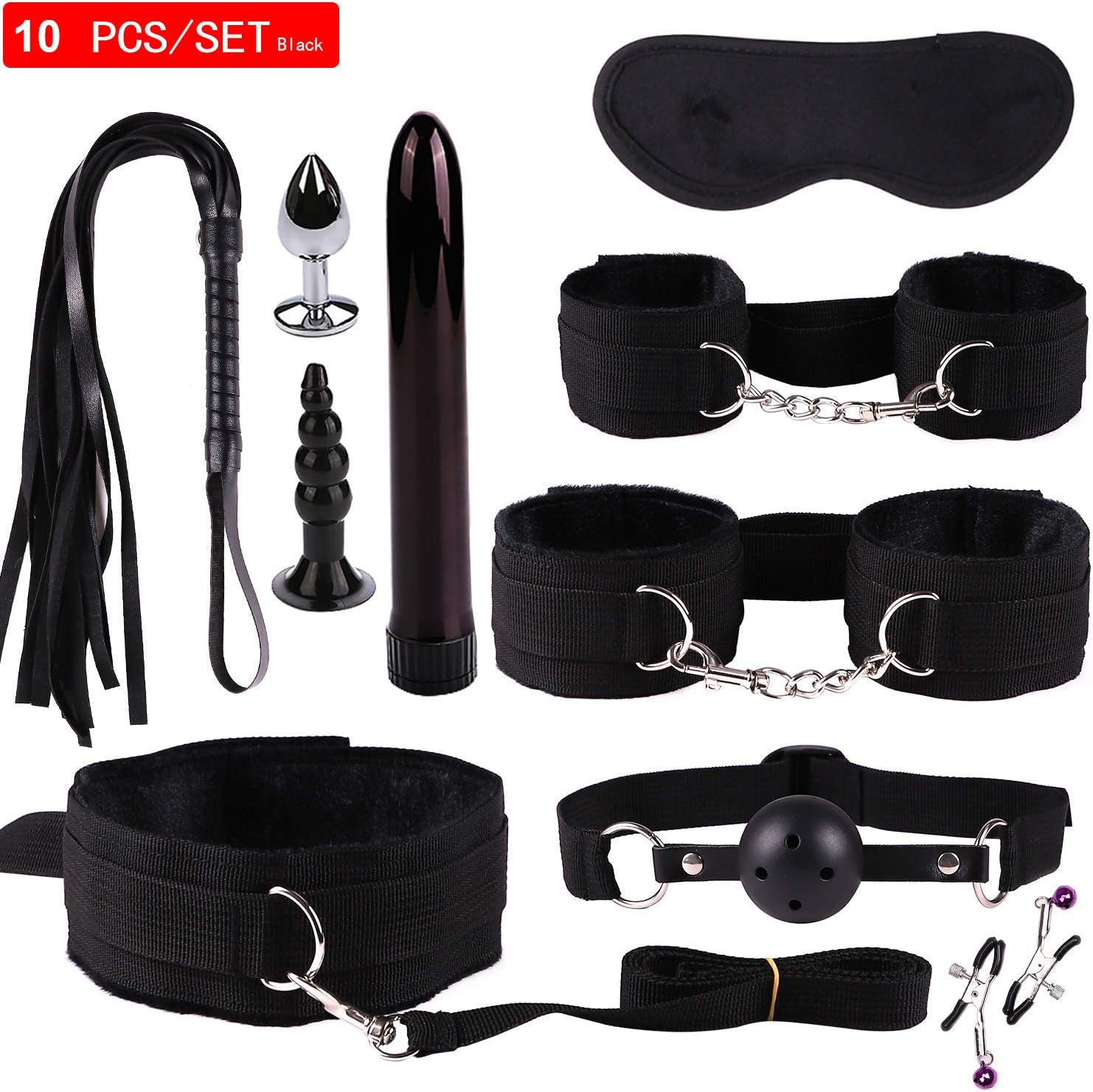 10 pcs/Set Nylon Leather Kit Alternative Bundled Binding Set Sexy Suit Plush Set Sexy Toy Suit SM Kit for Couple Adult (Black)