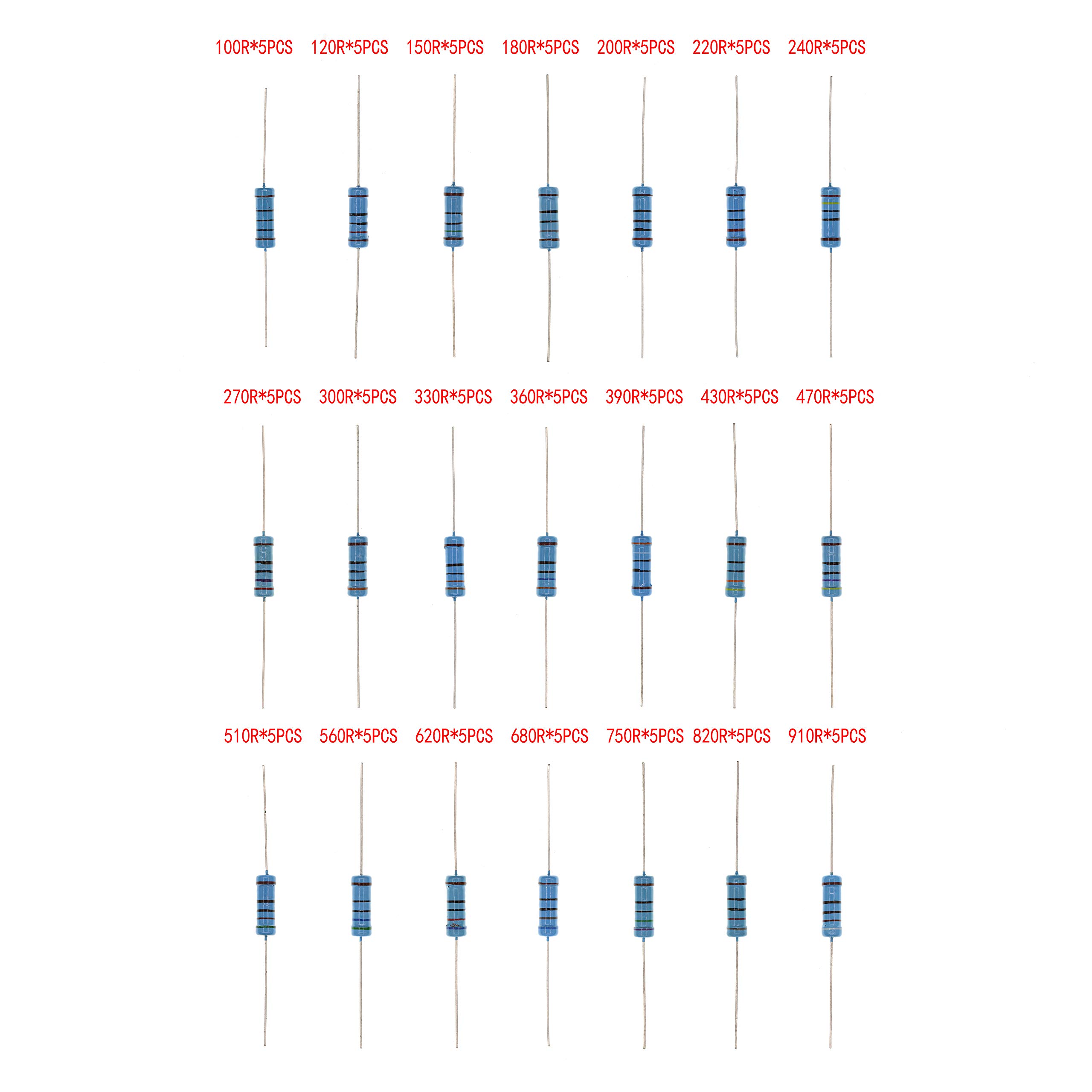 HUABAN 5PCS * 21 Values 3W 3 Watts 100 120 150 180 200 220 240 270 300 330 360 390 430 470 510 560 620 680 750 820 910 Ohm 1% Metal Film Resistor