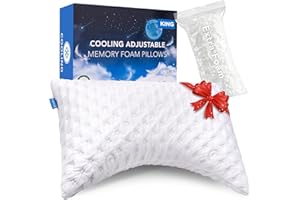 KUCEY Cooling Side Sleeper Pillow for Neck and Shoulder Pain, Luxury Shredded Memory Foam Curved Bed Pillows for Sleeping Set of 1- Adjustable King Size- Washable Cover Crescent White