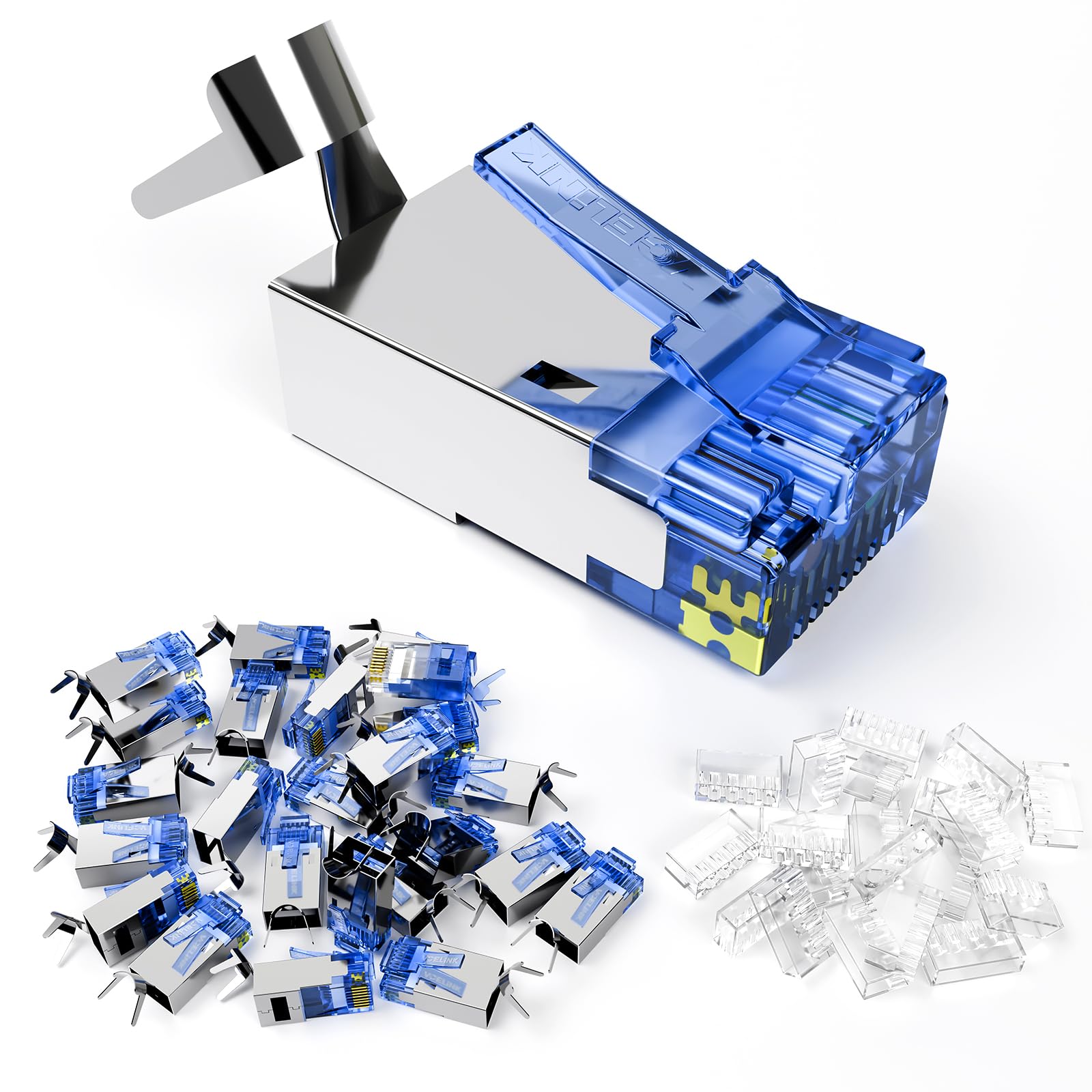 VCELINK Cat6A RJ45 Connector Shielded Non-Pass Through 25-Pack, Gold-Plated Modular Plug RJ45 Ends for Cat7/Cat6A STP/FTP Cable Solid and Stranded Ethernet Wire，Blue (RJ45 Connectors, 25 Pack)