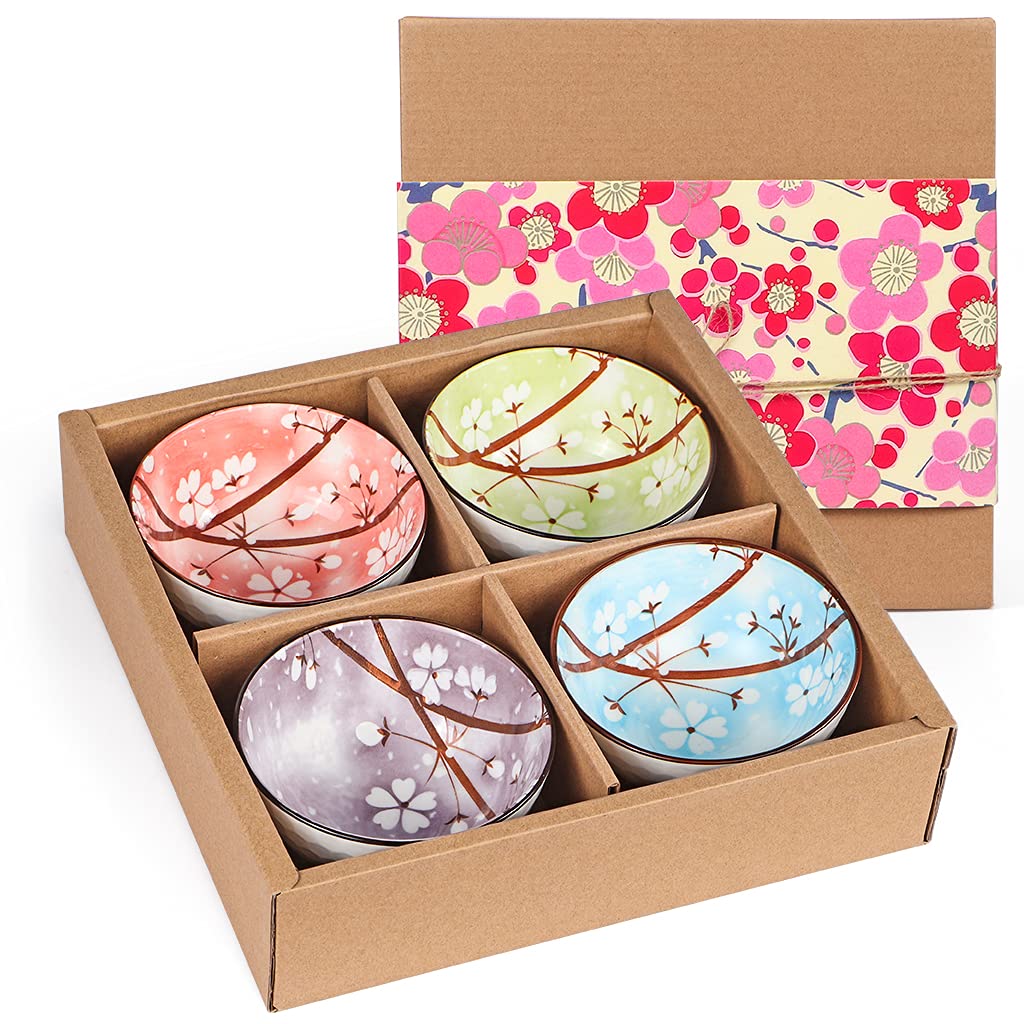 Skelang Ceramic Serving Bowls, Rice Bowl with Gift Box, Japanese Style Pottery Bowls, Porcelain Serving Bowls for Rice, Soup, Dessert, 10oz/300ml, Set of 4 (Cherry Blossom Pattern)