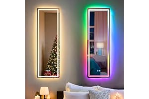 LUXFURNI Full Length Mirror Wall Mounted Mirror for Bedroom, RGB Color Changing LED Lights Mirror Dimmable Brightness 42.32"x14" Inch