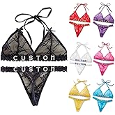 Custom Thongs For Women - 2 Pack Personalized Thongs Set With Name Rhinestone Lingerie With Panties & Bra