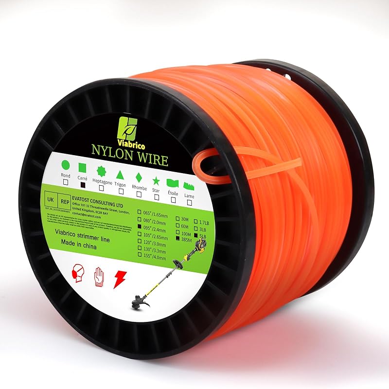Viabrico 2.4mm Square Trimmer Line 380m 5lb Orange Nylon Weed Eater