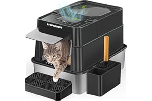 URPOWER Stainless Steel Cat Litter Box with Lid 110° Flip-Top Extra Large Enclosed Litter Box Non-Sticky Metal Pan with High Sided & Scoop, Odor Free, Front & Top Entry, Anti-Leakage, Easy Cleaning