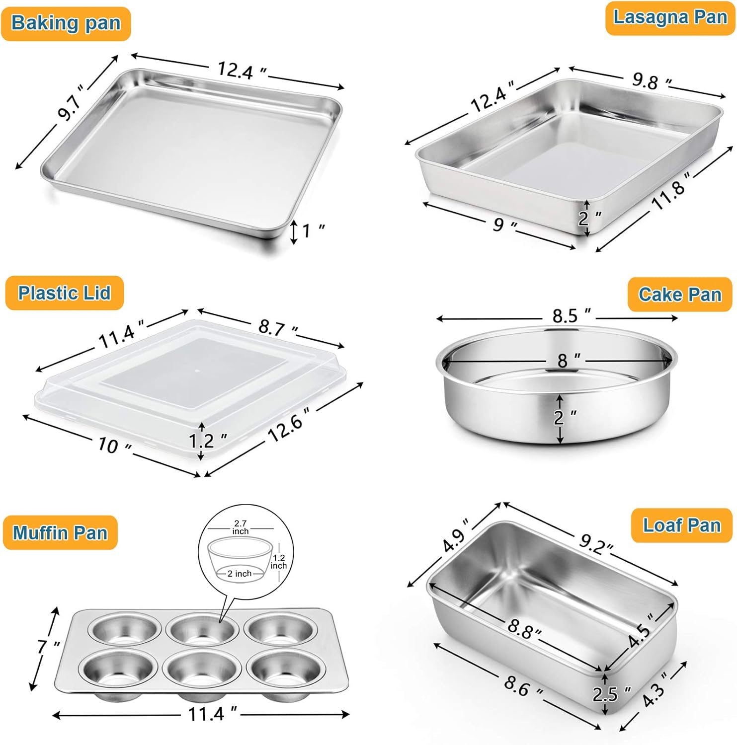 6-Piece Bakeware Kitchen Set, P&P CHEF Stainless Steel Bakeware Pans Sets, Including Baking Pan/Round Cake Pan/Muffin Pan/Loaf Pan/Deep Lasagna Pan & Lid, Non-toxic & Durable, Dishwasher Safe: Kitchen & Dining