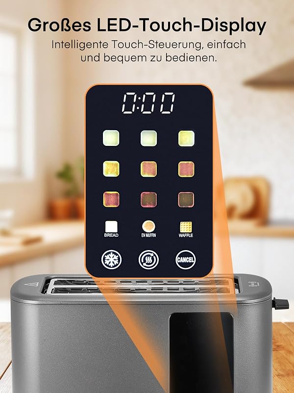 Toaster 4 Scheiben, 1400W Edelstahl Langschlitz Toaster, 9 Farbeinstellungen und 3 Brotsorten, Abbruch/Auftau/Aufwärmfunktion,Touchscreen Bedienung, mit Brötchenaufsatz, Grau — Foto 2 von 8