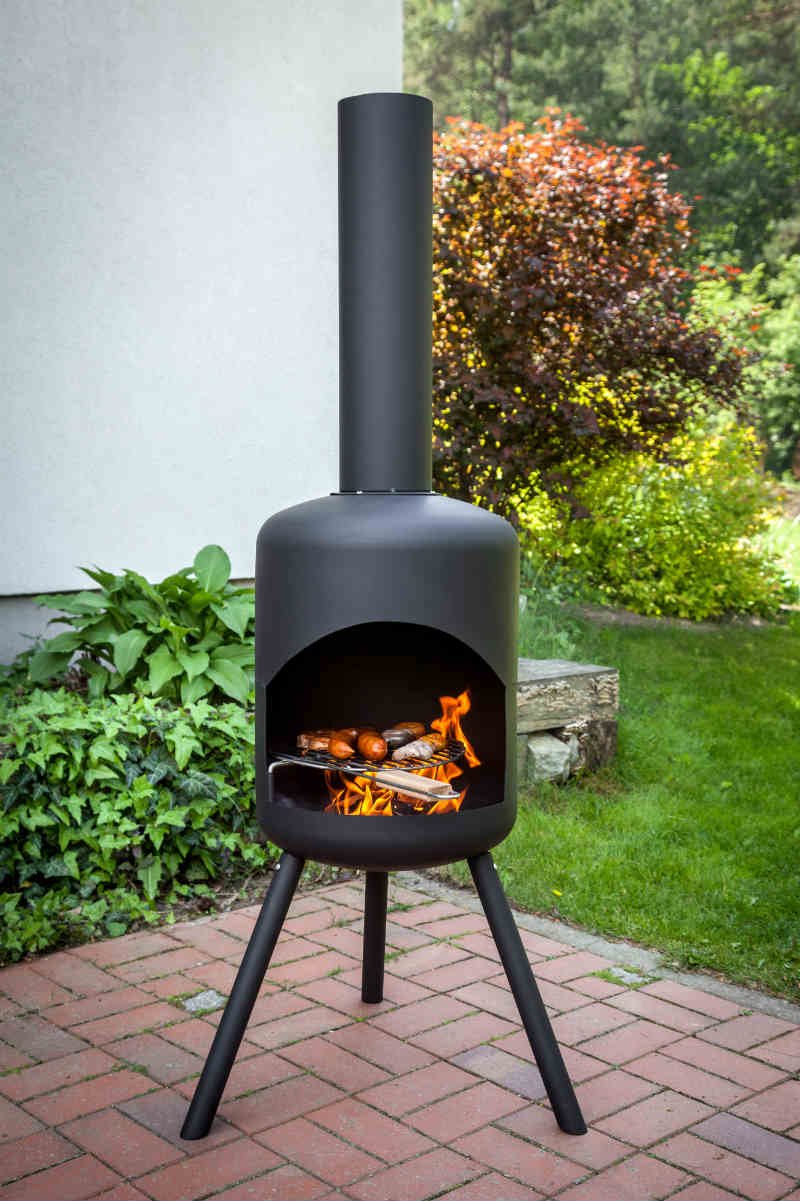 Round Steel Chiminea With Grill Shelf Black Metal Chiminea Black