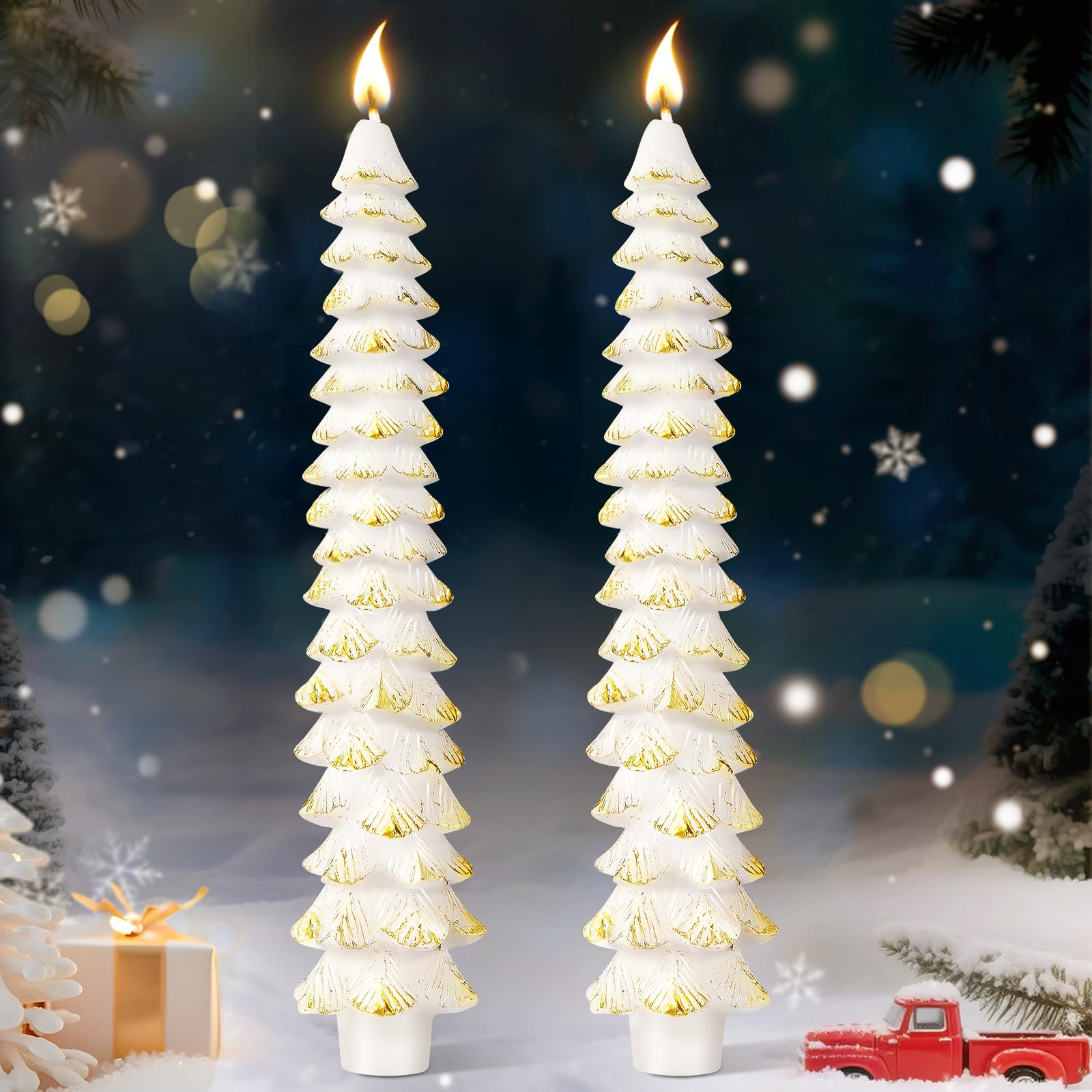 Photo 1 of Ceoighe 2 Pcs 10 Inch Christmas Tree Candles, Premium Natural Unscented Beeswax Christmas Tree Shaped Taper Candles with Cotton Wick, for Xmas Holiday Decor Party Banquet(White with Gold Trim)