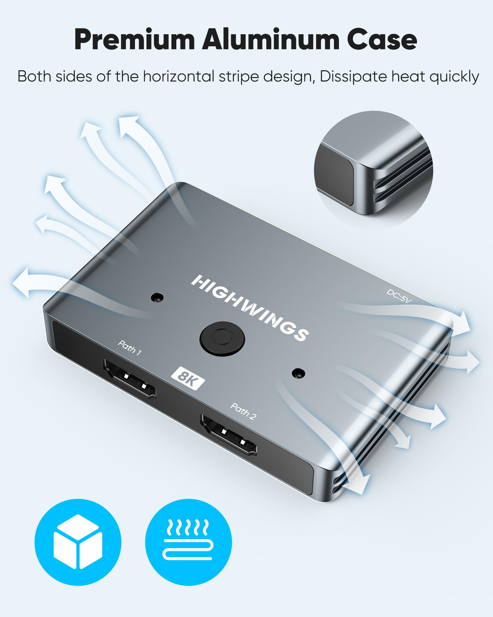 HDMI 2.1 Switch 8K HDMI Splitter, Highwings [Upgrade, Bidirectional] 4K@120Hz HDMI Switcher 2 in 1 Out Supports 8K@60Hz, Aluminum HDMI Switch Selector for PS4/PS5 Xbox Roku Apple TV Fire Stick Sony TV