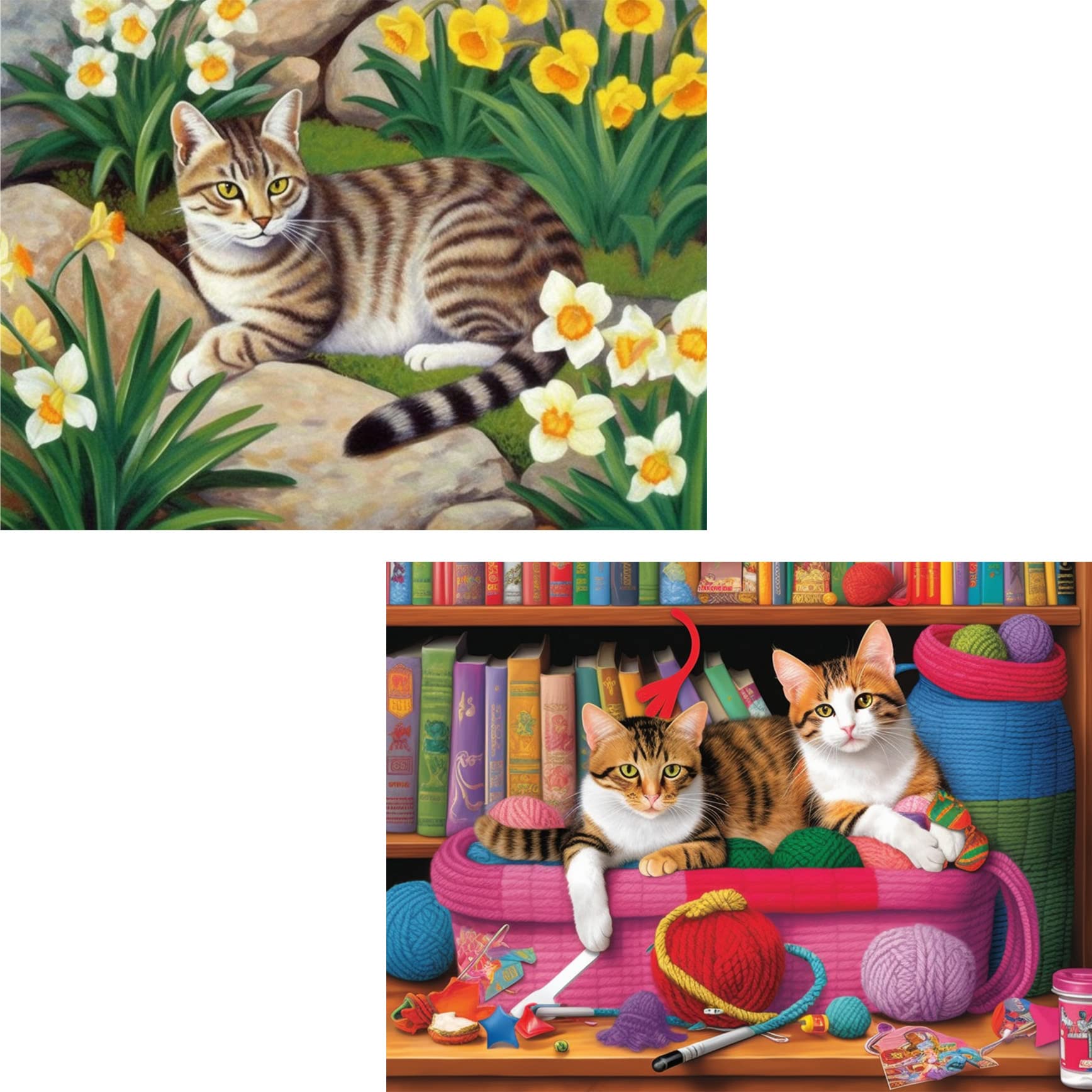 Ginfonr 5D DIY Diamond Painting by Number Kits Rural Kitten & Cats Playing with Yarn Full Drill, Pet Paint with Diamonds Art Animal Cross Stitch Craft Decor (12x16 inch, 2 Pack)