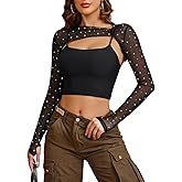 Avidlove Women Sexy Long Sleeve Mesh Crop Top Solid Cover Up with Spaghetti Strap Cami Top 2 Pieces Clubwear with Thumb Holes