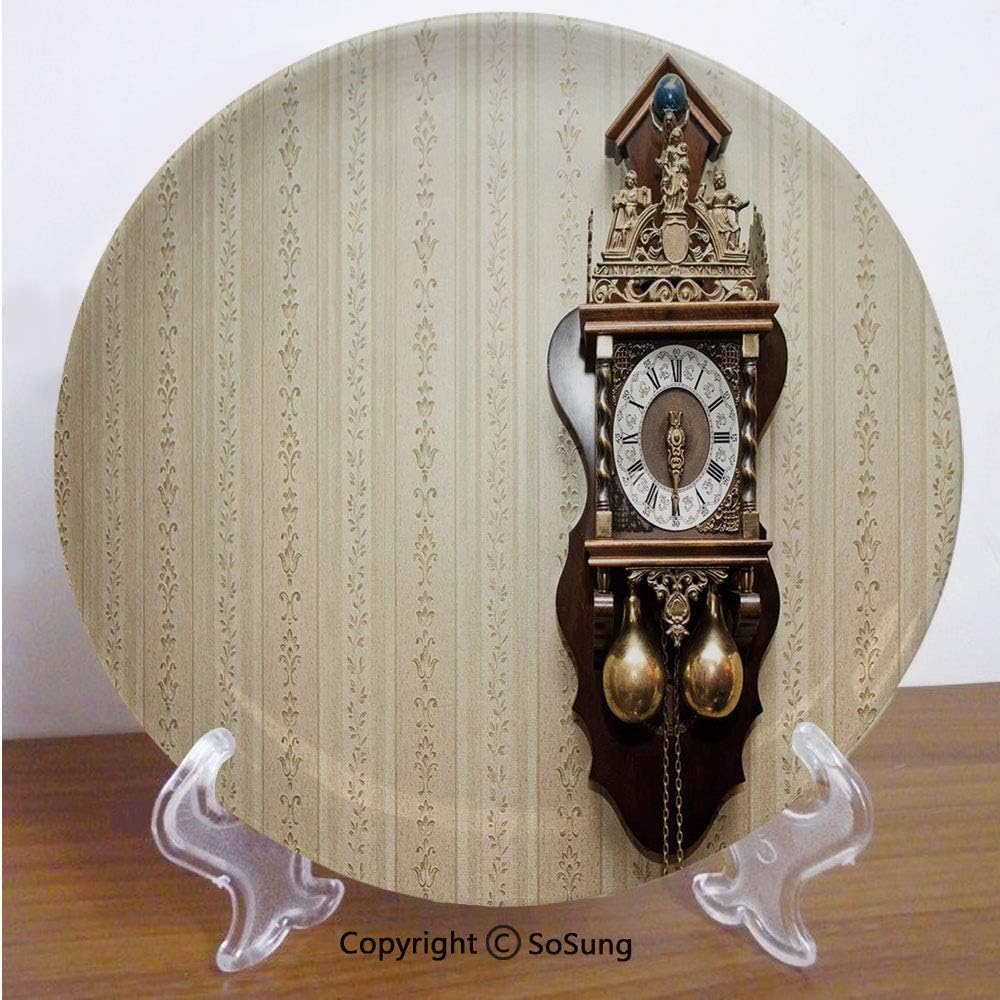 SoSung Clock Decor 8" Ceramic Decorative Plate,an Antique Wood Carving Clock with Roman Numerals Hanging on The Wall Design Brown and Tan,for Living Room, Bedroom, Hallway Console Side Table Decor