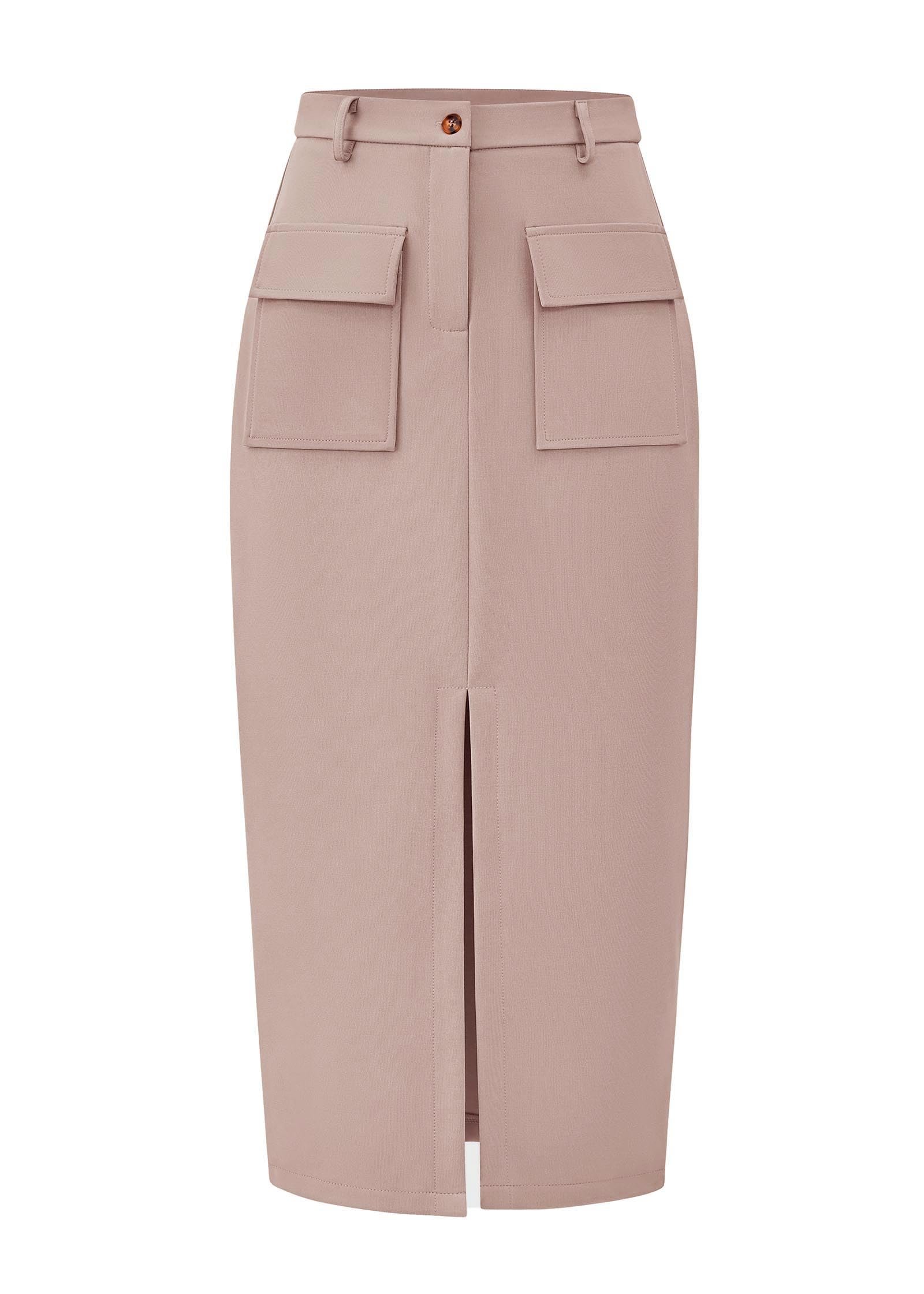 KIRUNDO Midi Skirts for Women Spring Summer High Waisted Cargo Trendy Pencil Slit Dressy Casual Business Work Long Skirt(X-Large, Beige)