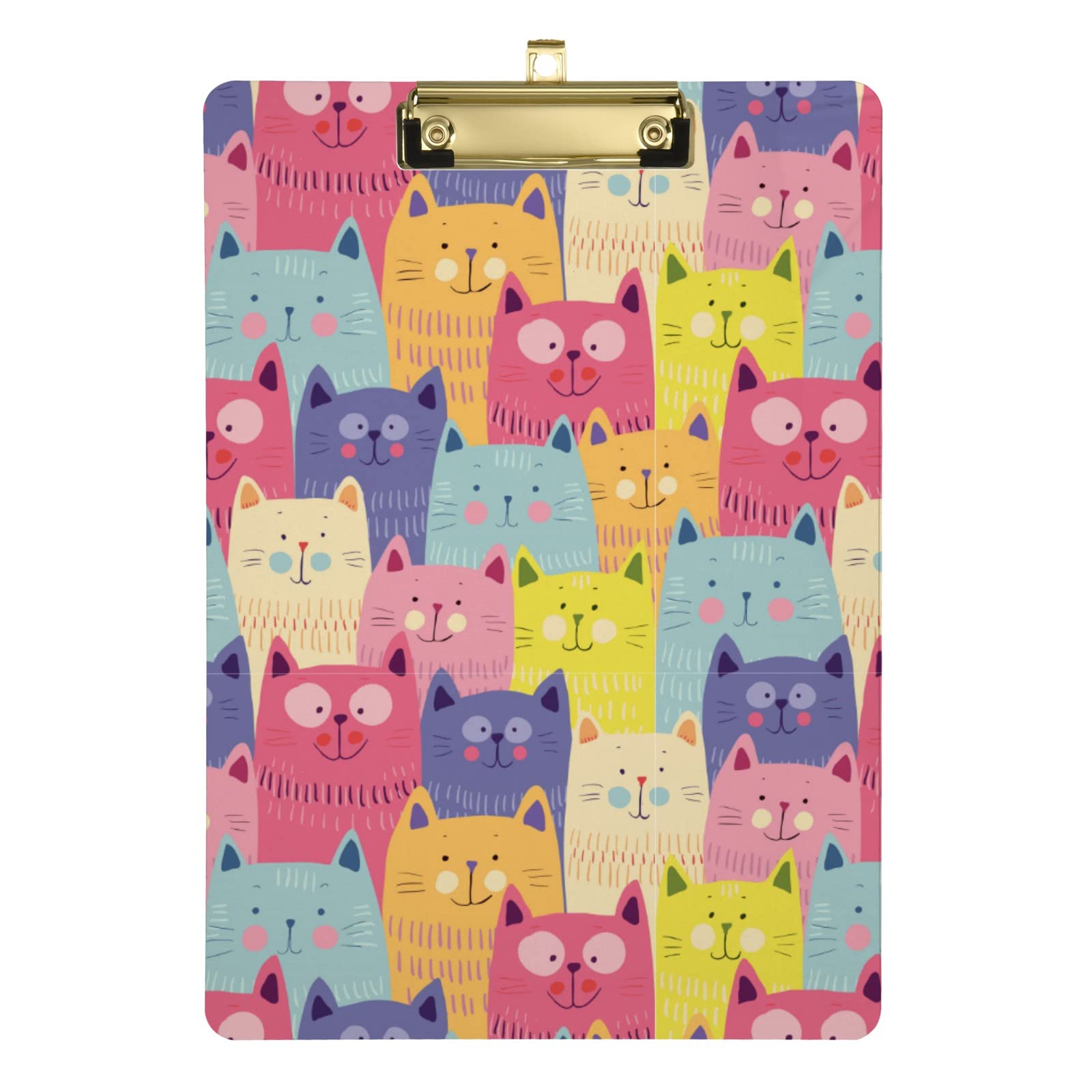 Mnrsuu Cute Cats Colorful Clipboard A4 Letter Size Decorative Hardboard with Low Profile Metal Gold Clip 23 x 32 cm for Students, Nurses, Office