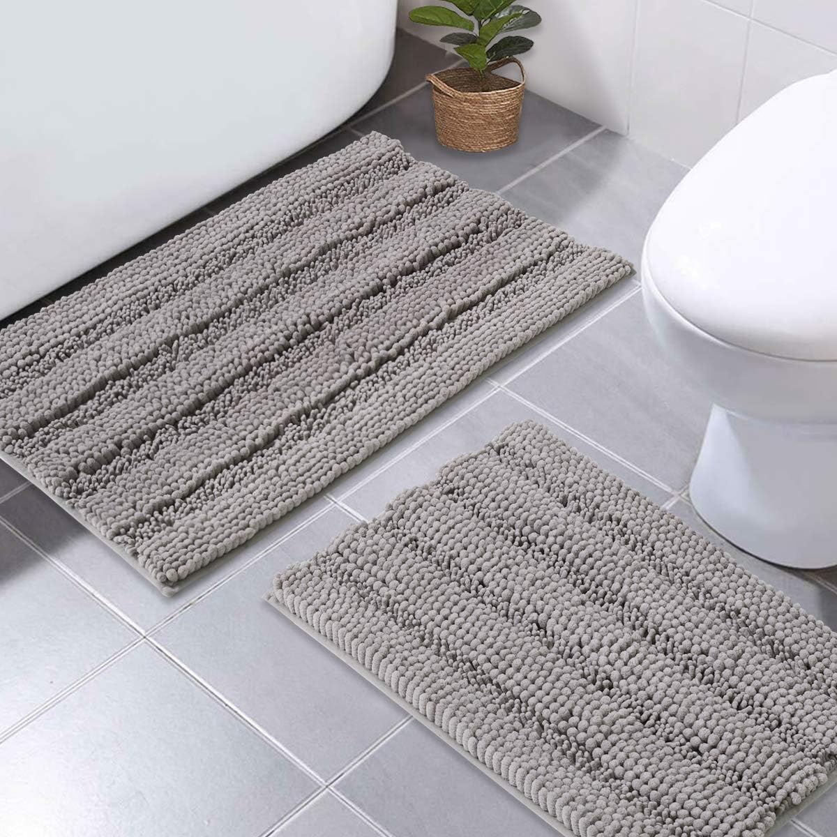 NICETOWN Grey Bath Rugs, Extra Thick Bath Rugs for Bathroom, Anti-Slip Soft Plush Chenille Shaggy Bath Mats, Living Room Bedroom Mats, Water Absorbent Floor Carpets (20 x 32 Plus 17 x 24): Home & Kitchen