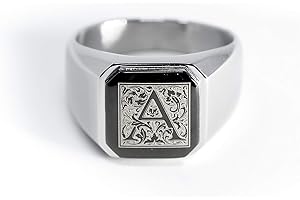 Tioneer Jewelry | Stainless Steel Letter Alphabet Initial Ring | Square Flat Top Ring for Men & Women | Stainless Steel Jewelry, (Black, Gold, Silver), Size 7-16