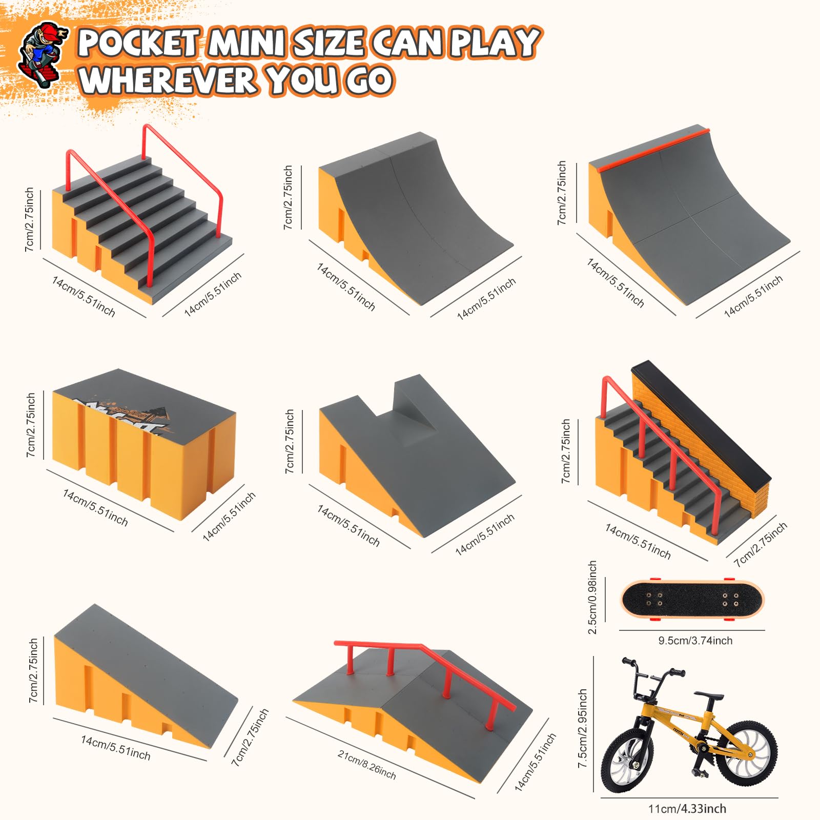 Finger Skateboard Park Kits,14-in-1 Bigger Finger Skateboard Ramp Set with 14 Ramps,8 Fingerboards,1 Finger Bike, Skate Park Kit,Fingerboard Skatepark Half Pipe Toys Gifts for Ages 3+