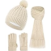 Winter Hat Gloves Scarf Set for Kids, Girls Toddler Pom Pom Knit Beanie Hat and Glove Set for Christmas Gift