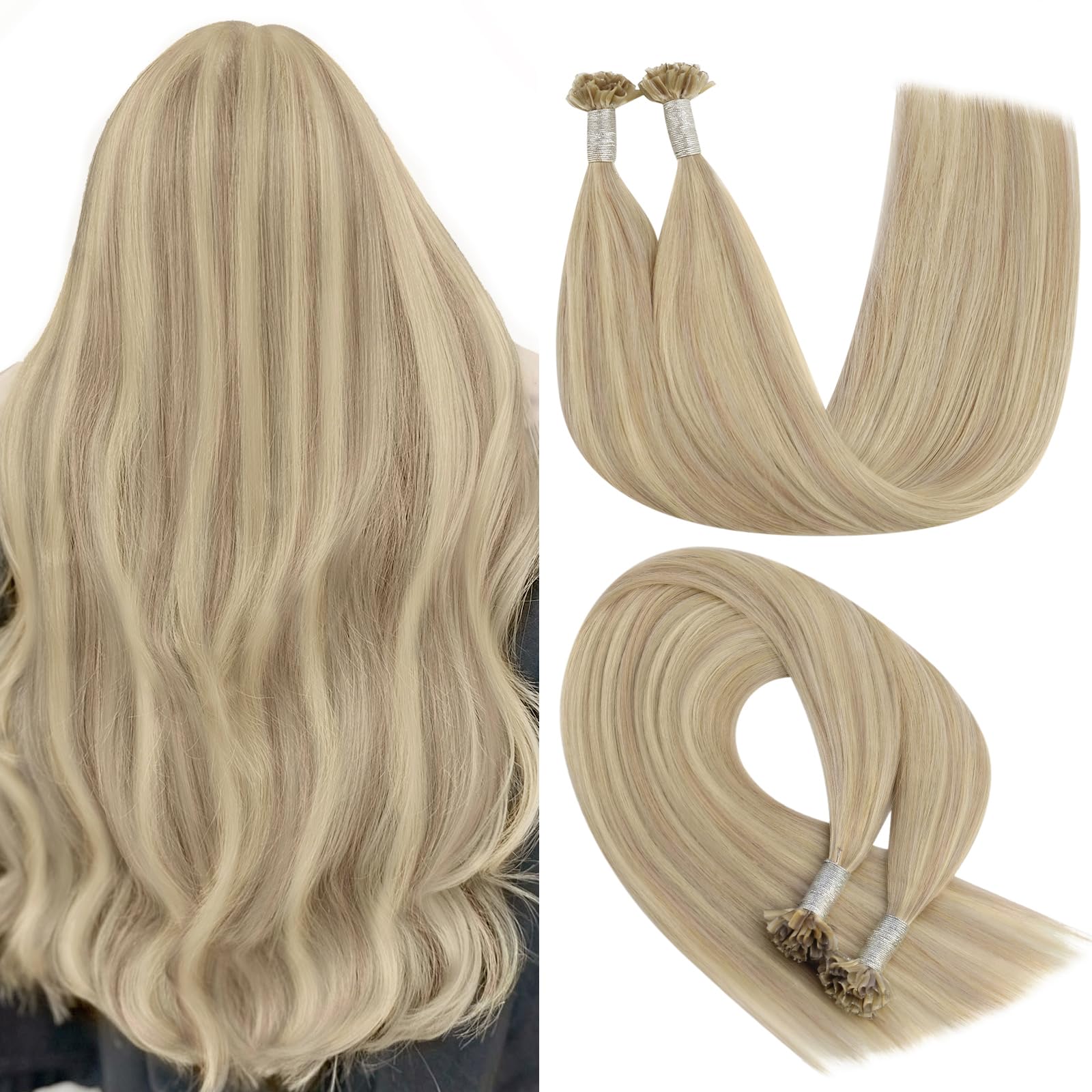 YoungSee U Tip Hair Extensions Highlight Ash Blonde with Bleach Blonde U Tip Hair Extensions Real Human Hair Highlight Hot Fusion Hair 16In 1G/S 50G Soft — image 1