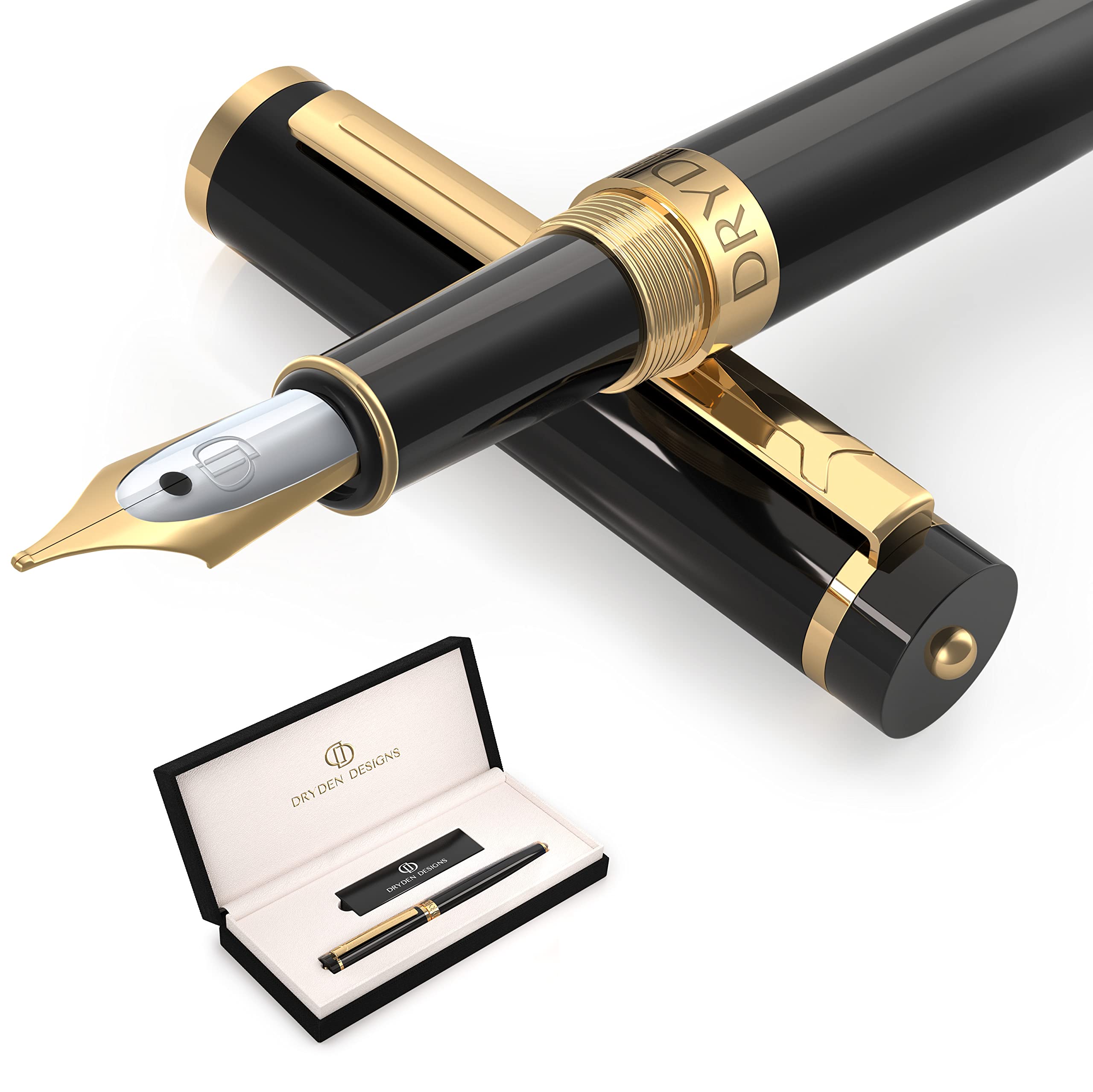 Dryden Designs Fountain Pen - Medium Nib Premium Box | 6 Ink Cartridges Included | Intense Black