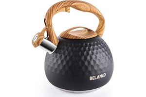 BELANKO 2.7 Quart Tea Kettle for Stovetop - Food Grade Stainless Steel with Diamond Texture, Designer Teapot Look, Cool-Touch Wood Pattern Handle, Whistling Spout - Matte Black