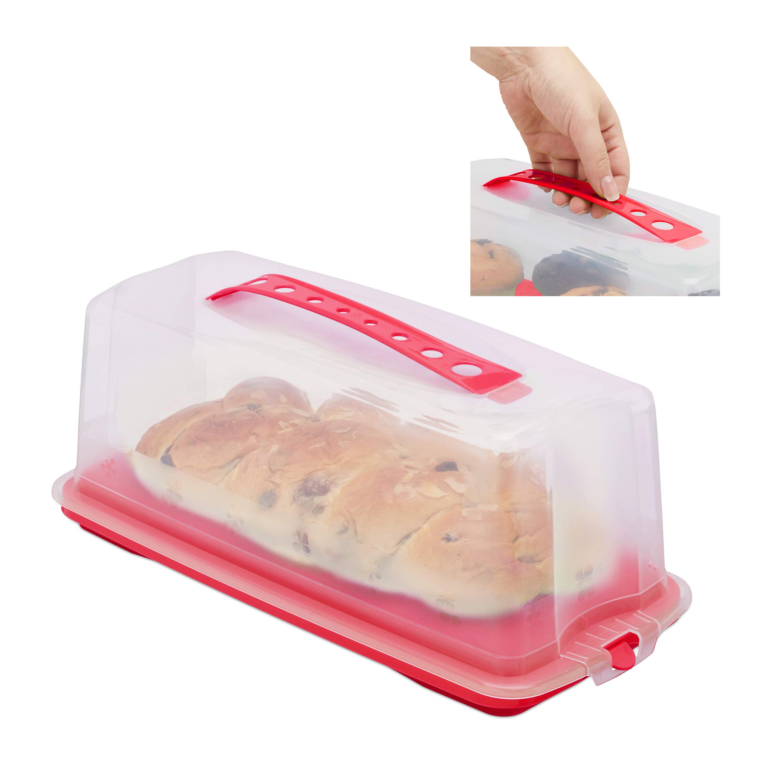 Relaxdays Cake Carrier, Rectangular with Handle and Lid, Transport Container, HxWxD: 15 x 37 x 16 cm, Red/Clear