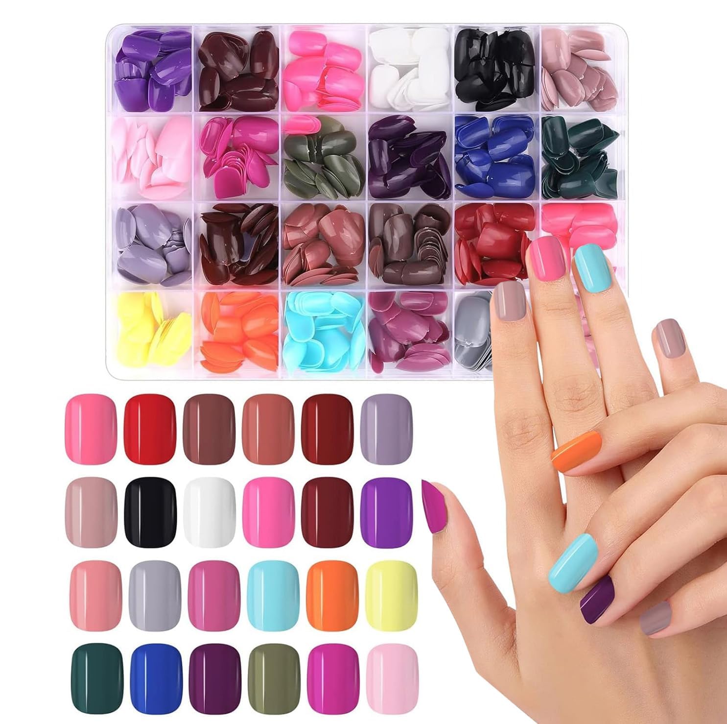 576 Pieces Colorful Short False Nails Round EBANKU Fake Nail Full Cover Artificial Acrylic Tips Press on Nails for Women Girls DIY Nail Art Design (24 Colors)