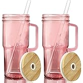 ONEHAUS Pink Glass Cups with Lids and Straws 2 Packs - 24oz Glass Tumbler with Handle, Cute Cups Mason Jar - Wide Mouth Reusable Drinking Glasses, Smoothie Tumbler Iced Coffee Cup Travel Mug