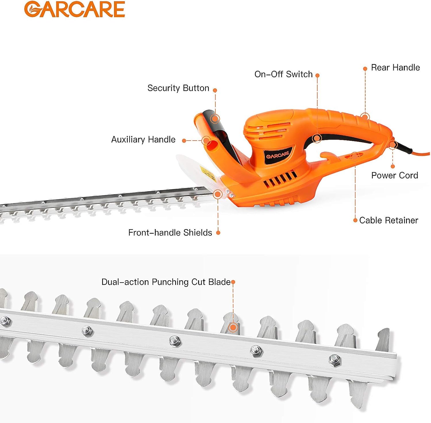 GARCARE Corded Electric Hedge Trimmers 500W Hedge Cutter with 510 mm