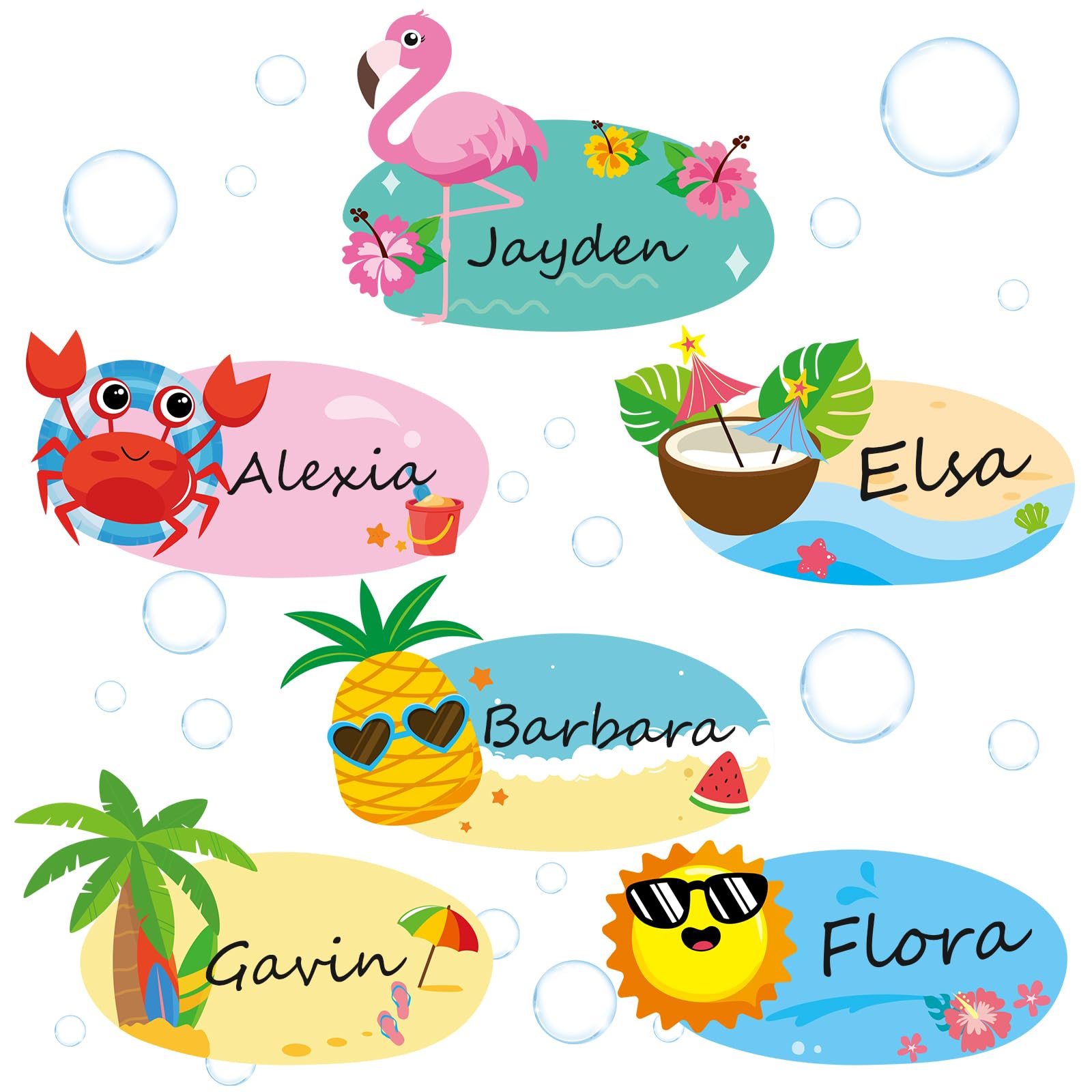 Photo 1 of Henoyso 108 Pcs Summer Desk Name Tags for Classroom Hawaaii Beach Classroom Decor Locker Name Tags for Kindergarten, Preschool, 1st, 2nd & 3rd Grade Teacher Nameplates for Student