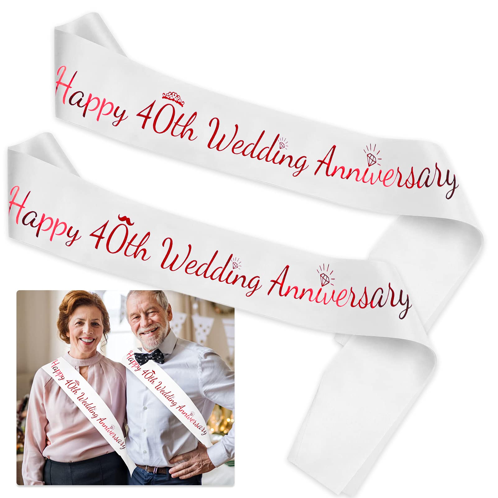 DPKOW Happy 40th Wedding Anniversary Sashes, Ruby Wedding Anniversary Sashes for Couple 40th Wedding Anniversary Decorations Gift Accessories Ruby Wedding Anniversary, Red and White, One Size