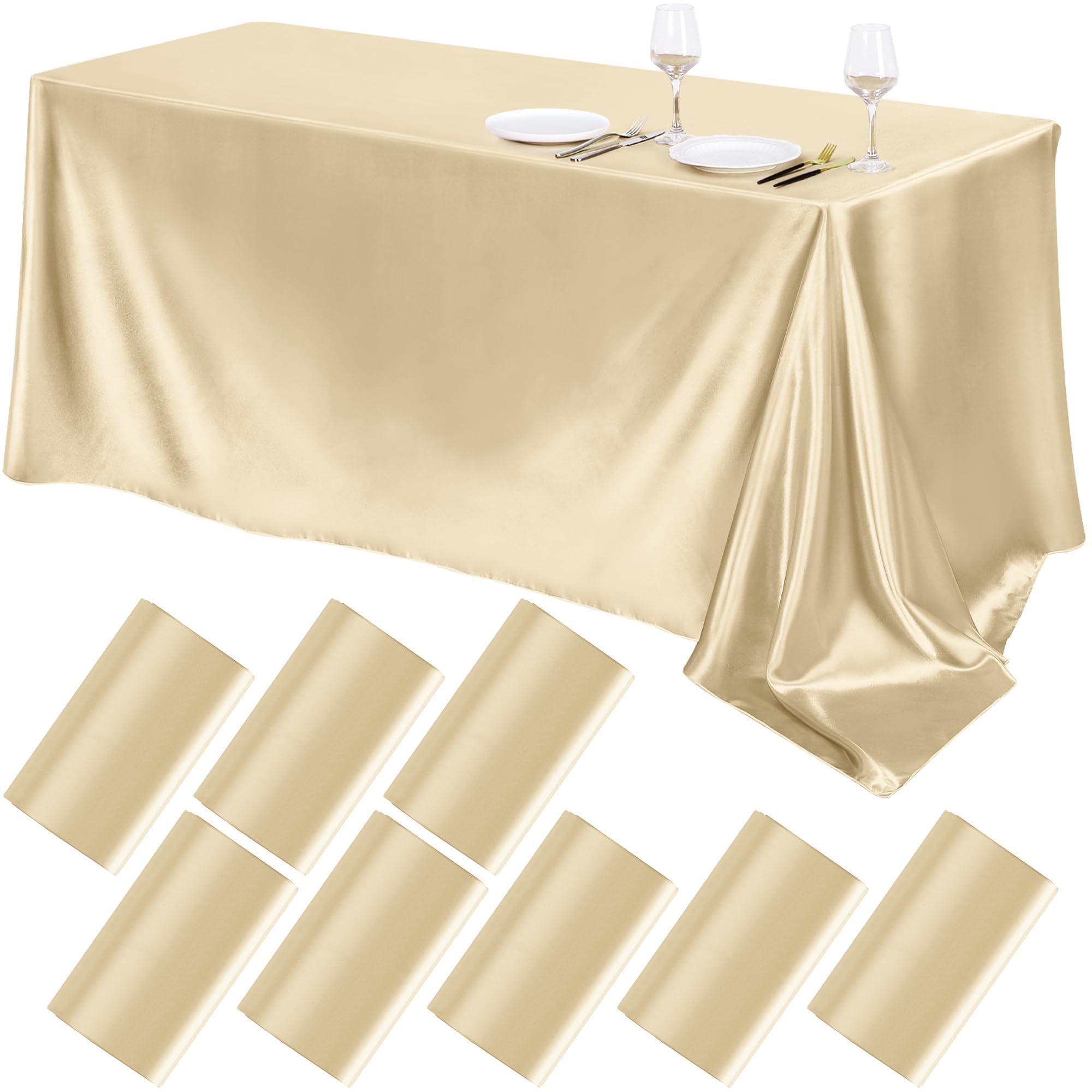 Photo 1 of TURSTIN 8 Packs Champagne Satin Tablecloth 102 x 58 Inch Overlay Satin Table Cover Rectangle Bright Silk Tablecloth Smooth Fabric Table Decoration for Wedding Banquet Party Events
