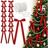 Jutom 24 Pcs Valentines Tree Bows Decoration Valentines Red Satin Bows Ornaments with Faux Pearl Beads for Tree Galentines Wedding Anniversary Coquette Birthday Party Holiday Decor, 3.94x7.87inch