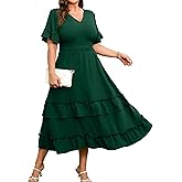 RWJ Womens 2026 Summer Plus Size Wedding Guest Dresses Ruffle Sleeve V Neck A Line Flowy Tiered Maxi Dress