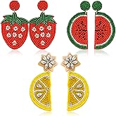 3 Pairs of Beaded Fruit Earrings Set for Women, Handmade Beads Summer Fruits Dangle Earrings, Lemon Watermelon Strawberry Statement Earrings for Jewelry Gifts