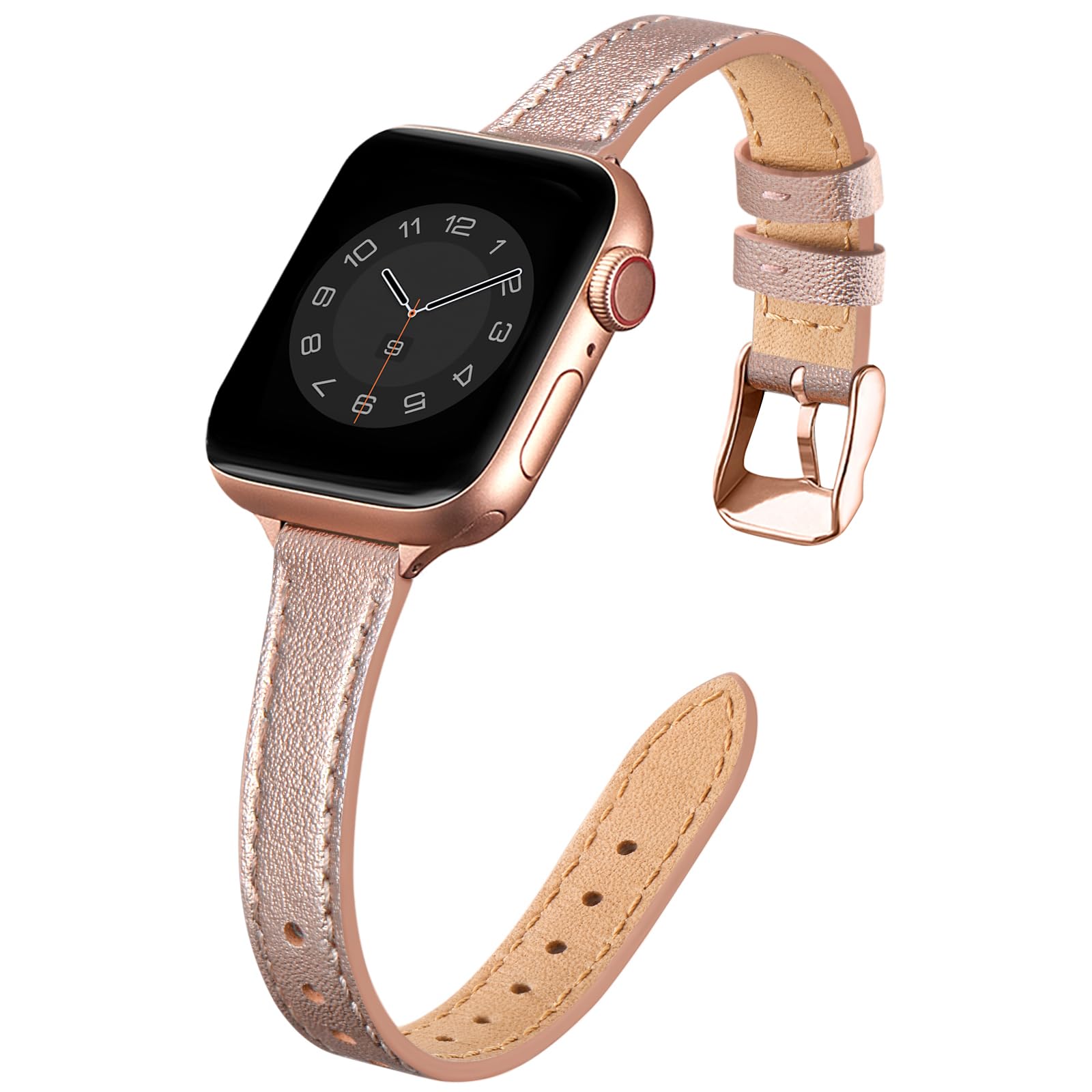 SUNFWR Compatible with Apple Watch Strap 42mm 44mm 45mm,Genuine Leather Strap Replacement,Slim&Thin Wristband for iwatch Series 7/6/5/4/3/2/1,SE(42mm 44mm 45mm,Rosegold&Rosegold)