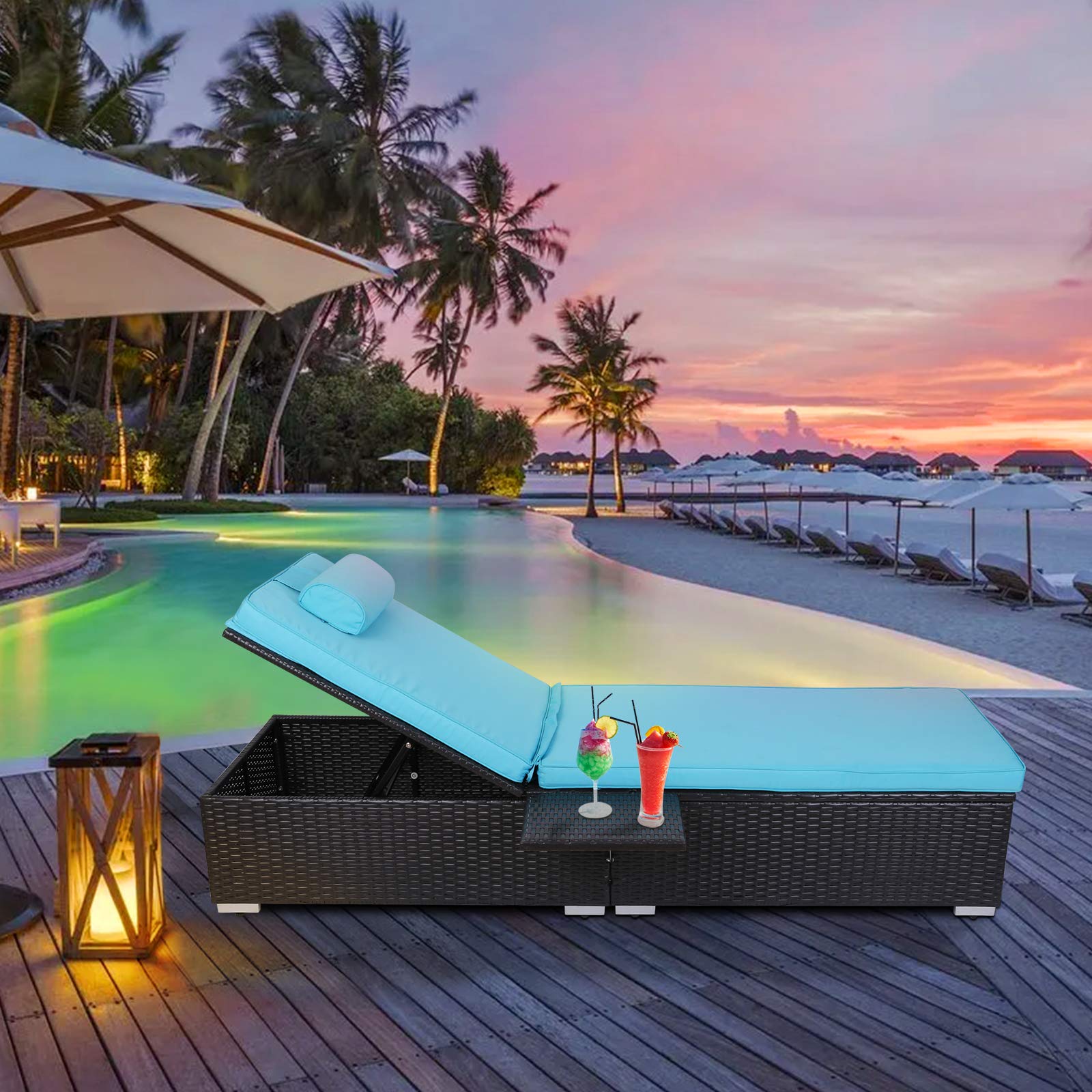 TUSY Outdoor Lounge Chairs for Outside - Rattan Chaise Lounge Outdoor with Table Attached - Adjustab