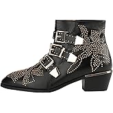Arqa Women's Studded Ankle Boots Leather Multiple Buckle Chunky Heel Booties Almond Toe Zipper Punk Boot