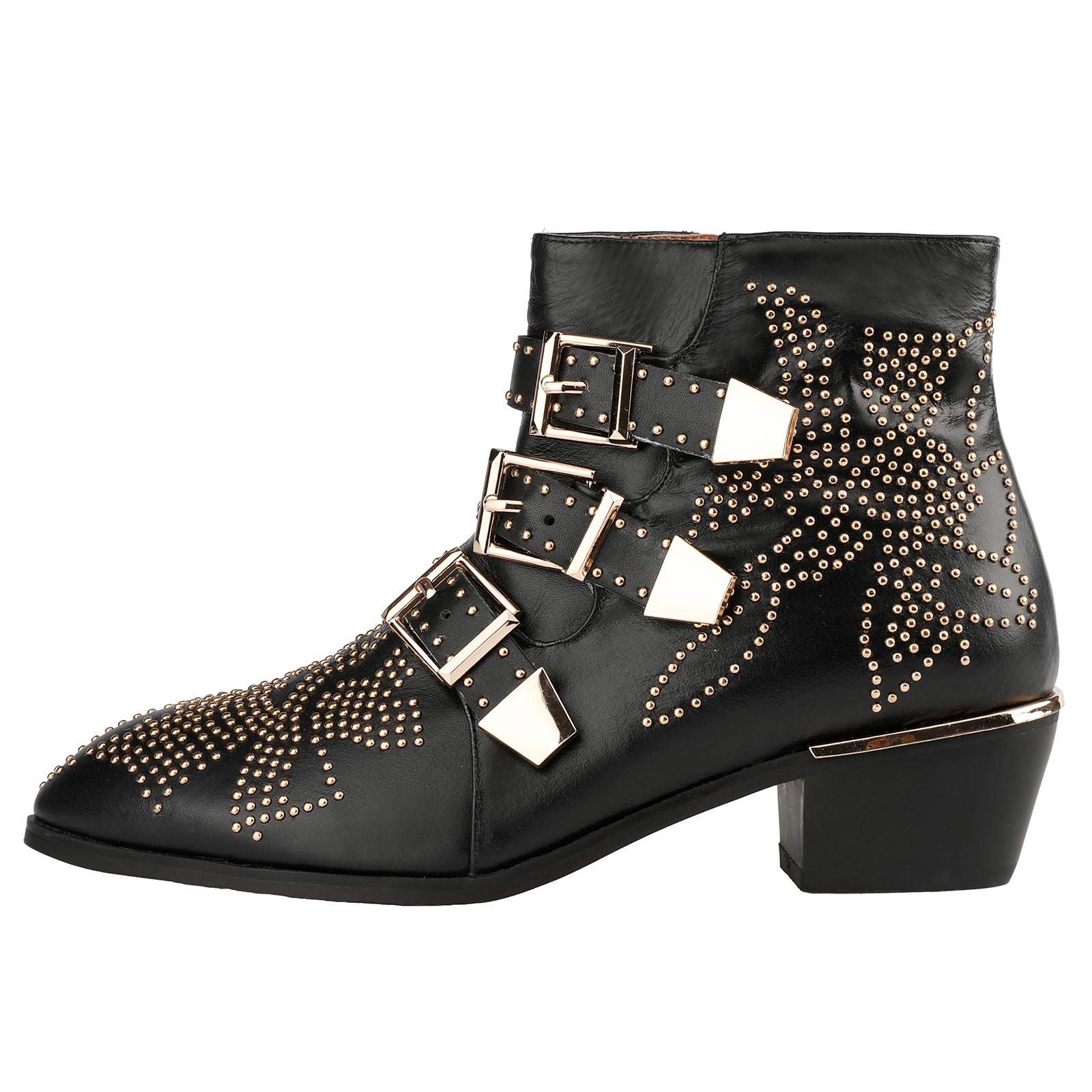 AQUA Womens Beige Studded Buckle Accent Blane Almond Toe Block Heel Zip-Up Leather Booties M