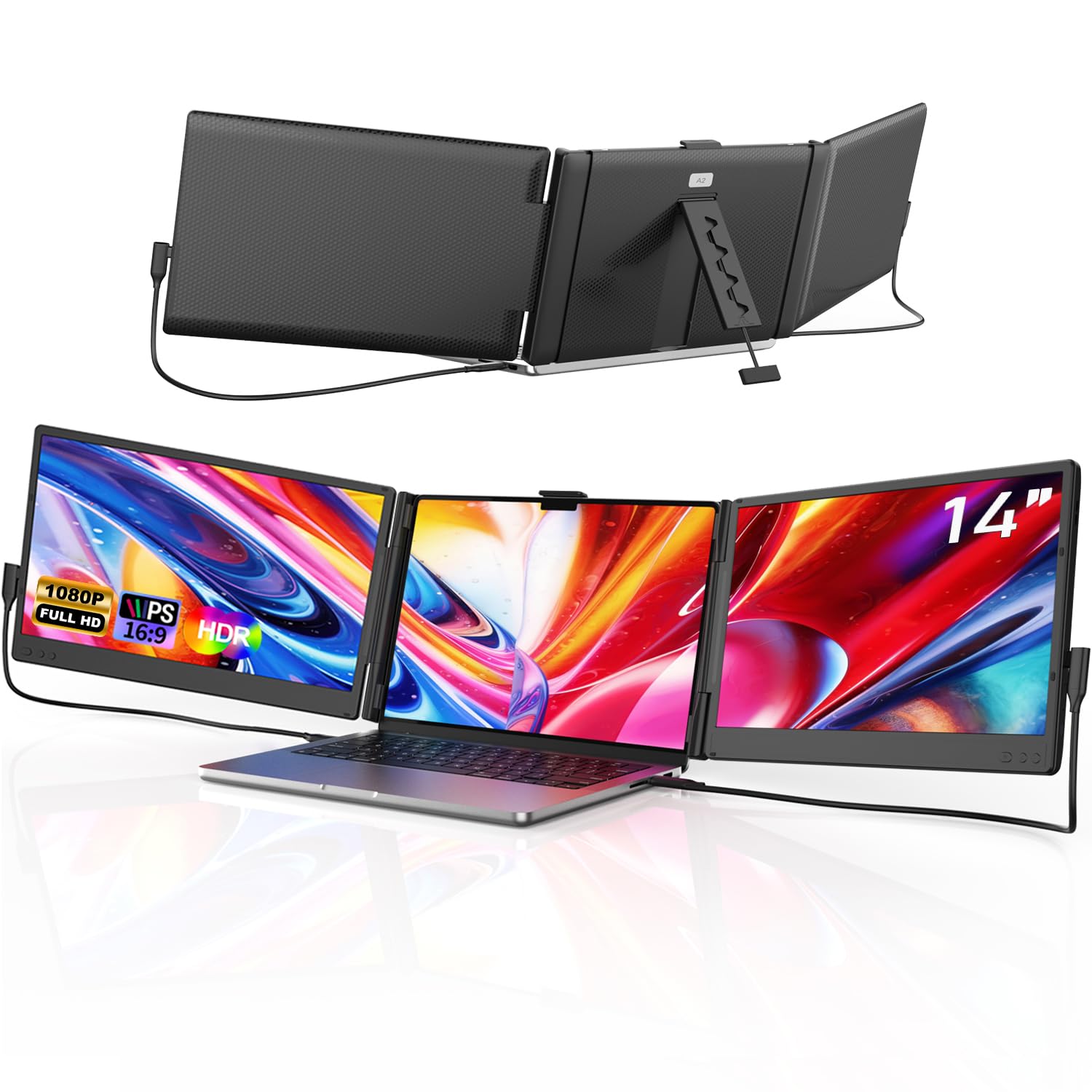 Photo 1 of FEZOBR Laptop Screen Extender, 14'' FHD 1080P IPS Portable Monitor for Laptop, Triple Screen Extender Monitor Plug-Play for Mac/Windows/Chrome, Fit 13”-17.3” Laptops