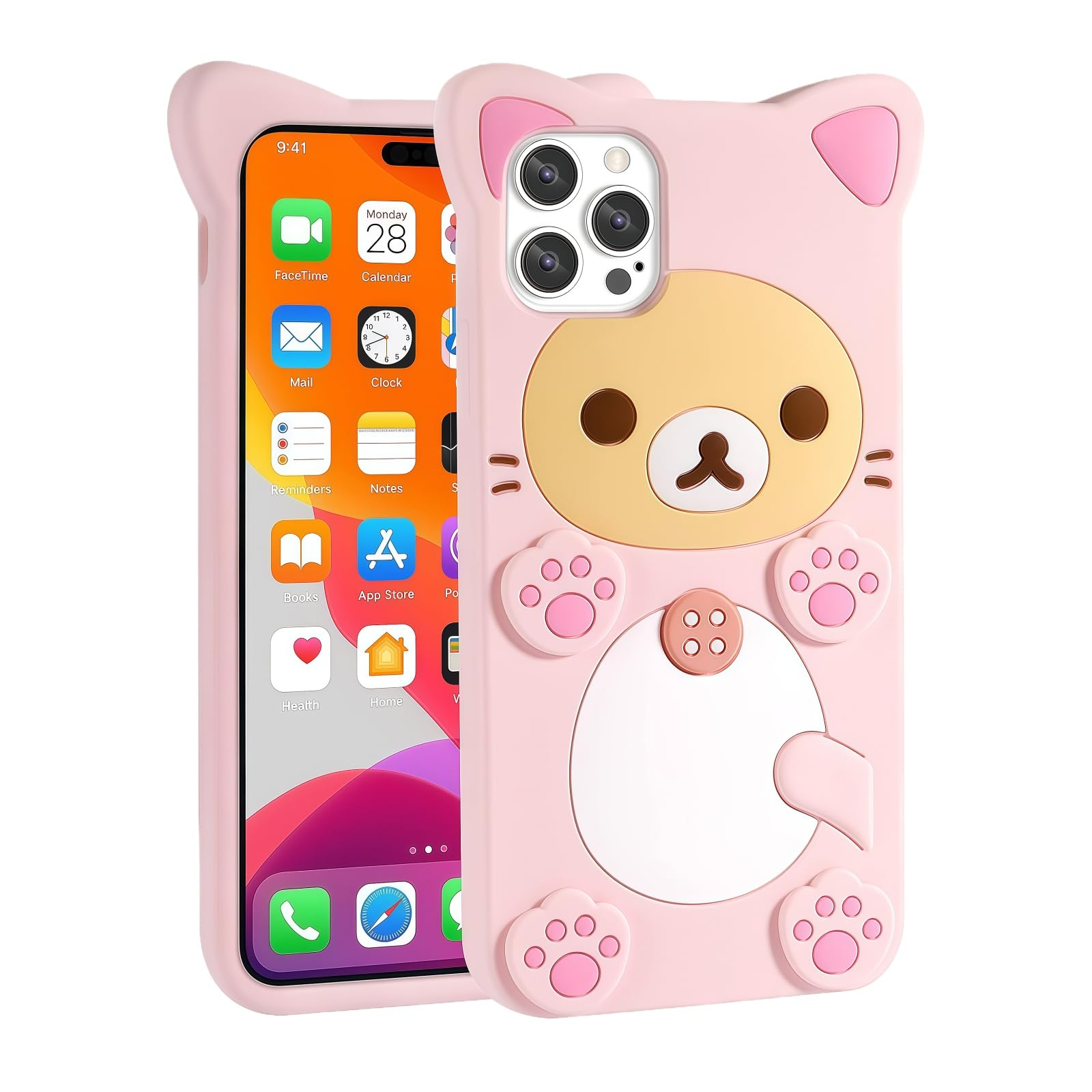 Cute Kawaii 3D Phone Case Compatible with iPhone 16/17 Cartoon Pink Bear Design Fashion Cool Funny Case Soft TPU Protective Case Silicone Cover for Girls Women Kids Pink