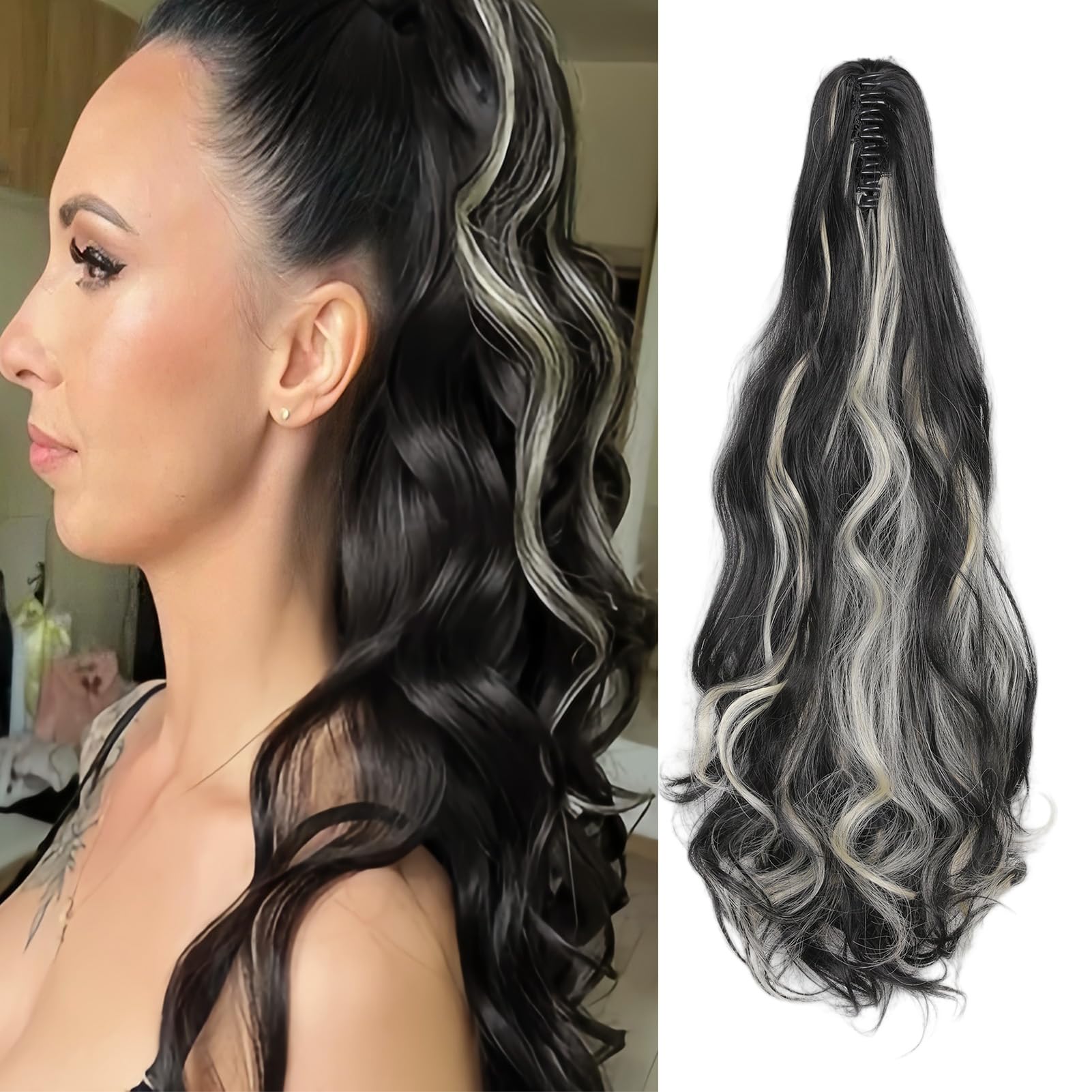 Cybelleza Ponytail Extension Curly Wavy Claw Jaw Pony Tail Clip in Hair Extensions Hairpiece Synthetic Long for Women (Black & Bleach Blonde)