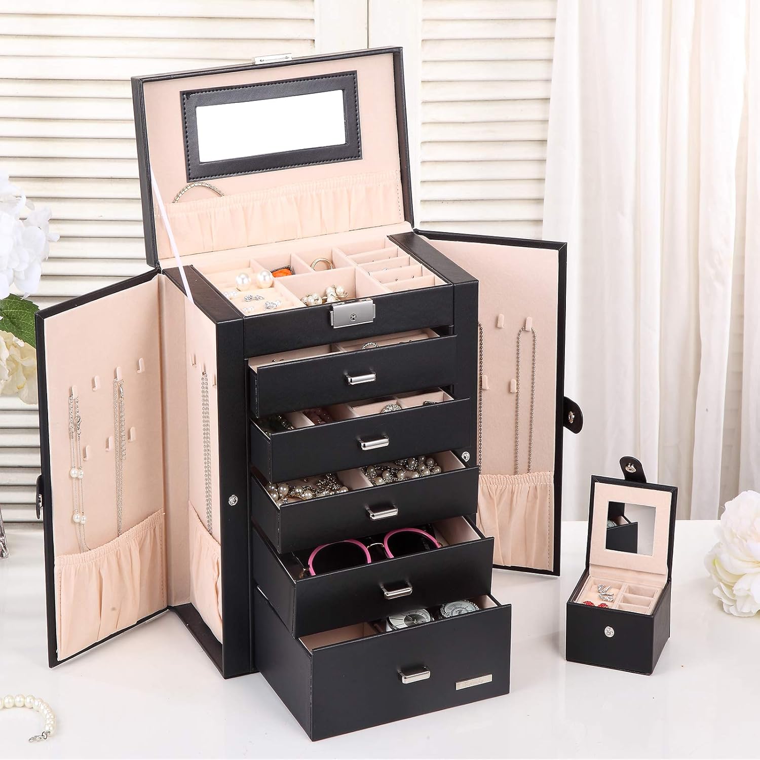 Homde 2 in 1 Huge Jewelry Box/Organizer/Case Faux Leather with Small Travel Case, Gift for Girls or Women (Black): Home Improvement