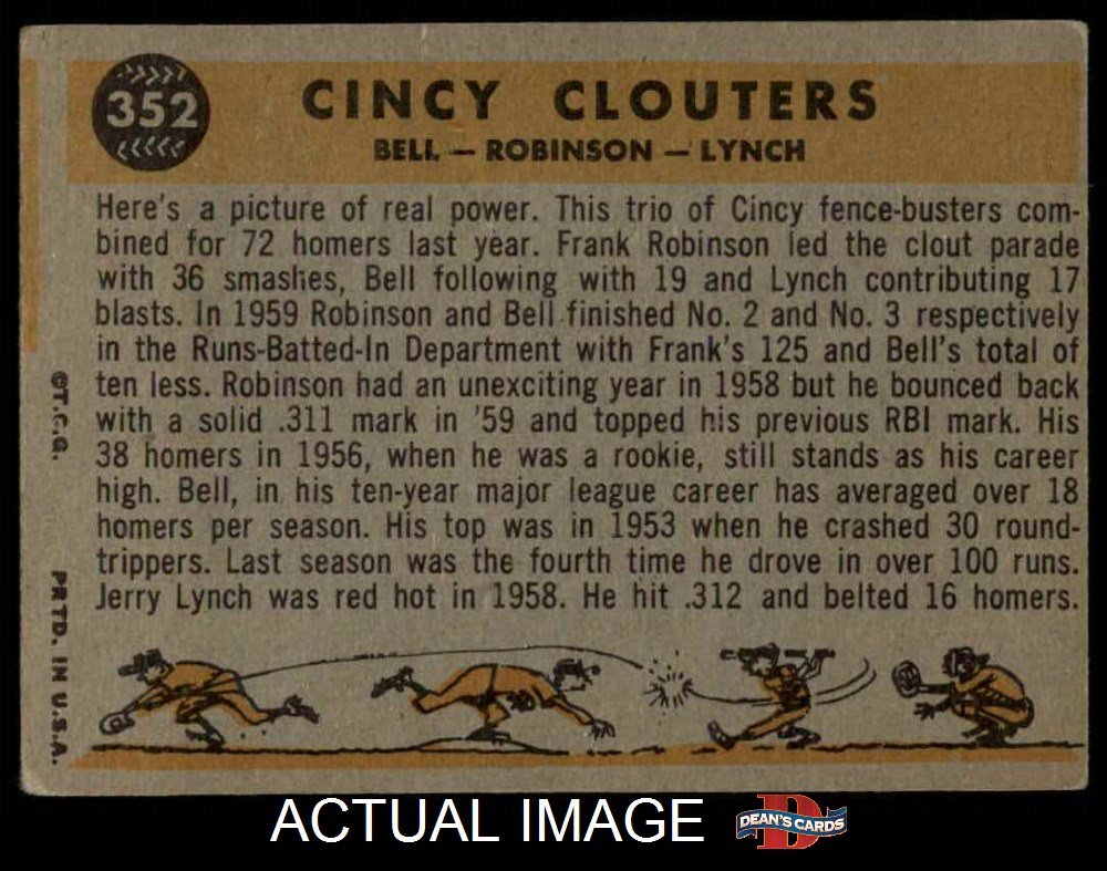 Deans Cards 3 Vg Reds 1960 Topps 352 Cincy Clouters Gus Bell Frank Robinson Jerry Lynch Cincinnati Reds Baseball Card Trading Cards Single Cards Ilsr Org