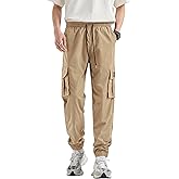 HHZ Men's Relaxed Fit Cargo Pants Drawstring Stretchy Elastic Waist Work Casual Pants with Zipper Pockets