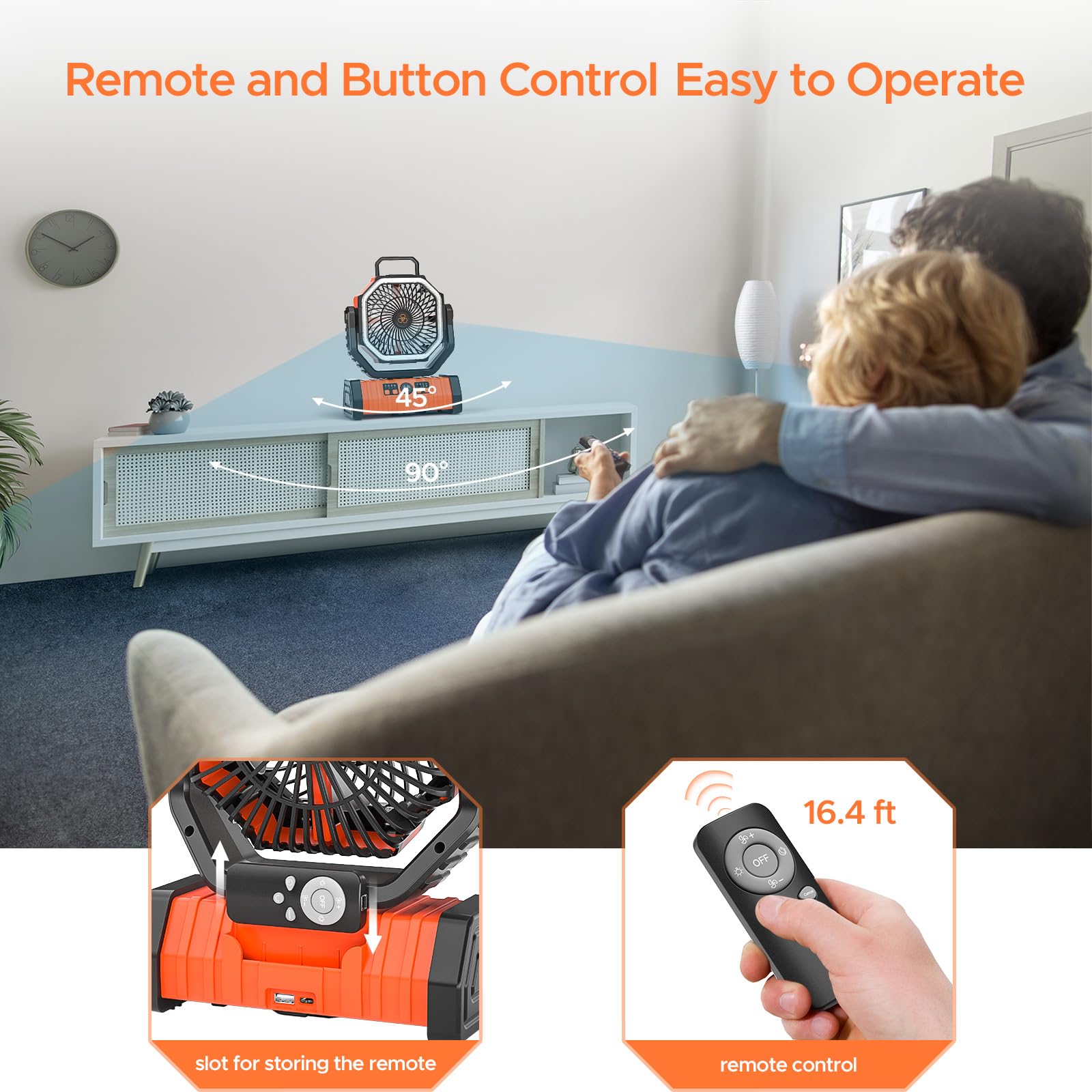 Rechargeable Camping Fan with LED Lantern, 20000mAh Auto-Oscillating Battery Operated with Remote/Hook/Timer, 8” Portable Fan for Picnic, Fishing,Tent, RV, Power Outages, Hurricane(Orange)